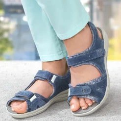 Femme idéalsko Sandales / Mules<Chaussures de confort Helvesko : modèle Sabrina, coloris jean/argent